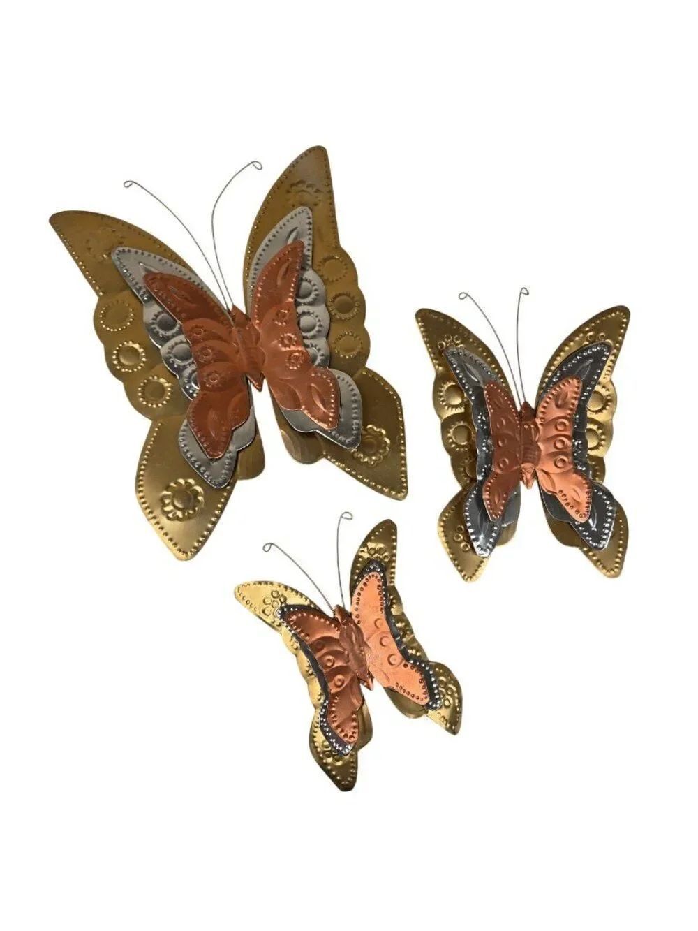 Vintage Mid Century Brutalist Set Of 3 Metal Butterfly Wall Decor Brass Copper